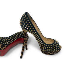 Load image into Gallery viewer, Christian Louboutin Blue Khol/Bronze Lady Peep Spikes 150 Veau Vel/Pony Platforms