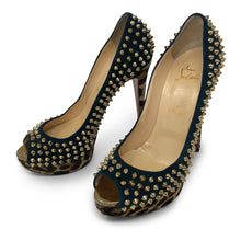 Load image into Gallery viewer, Christian Louboutin Blue Khol/Bronze Lady Peep Spikes 150 Veau Vel/Pony Platforms