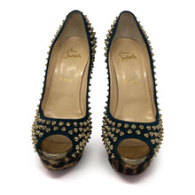 Load image into Gallery viewer, Christian Louboutin Blue Khol/Bronze Lady Peep Spikes 150 Veau Vel/Pony Platforms
