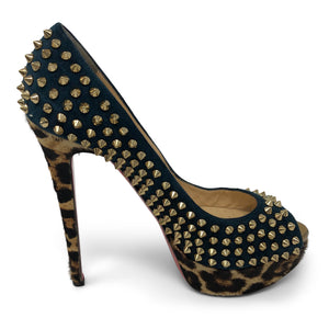 Christian Louboutin Blue Khol/Bronze Lady Peep Spikes 150 Veau Vel/Pony Platforms