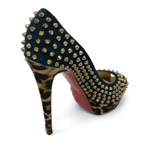 Christian Louboutin Blue Khol/Bronze Lady Peep Spikes 150 Veau Vel/Pony Platforms