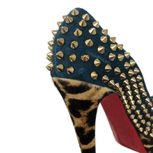 Load image into Gallery viewer, Christian Louboutin Blue Khol/Bronze Lady Peep Spikes 150 Veau Vel/Pony Platforms