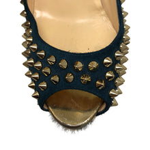 Load image into Gallery viewer, Christian Louboutin Blue Khol/Bronze Lady Peep Spikes 150 Veau Vel/Pony Platforms