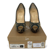 Load image into Gallery viewer, Christian Louboutin Blue Khol/Bronze Lady Peep Spikes 150 Veau Vel/Pony Platforms